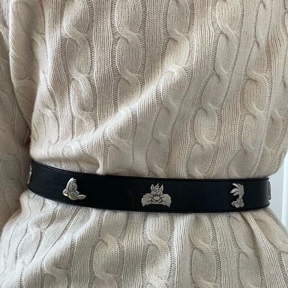 Vintage Womens Warner Bros Looney Toons Black Leather Cartoon Studded Belt Sz M 90 main image 4
