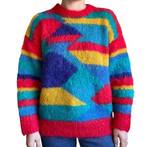 Vintage Womens Hand Knit Rainbow Mohair Fluffy Geometric Sweater Sz L image 3