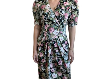 Jessica Howard 80s Dark Floral Secretary Boho Prairie Retro Mini Dress Sz M