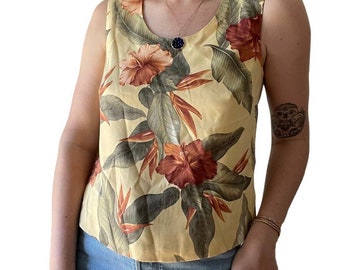 Vintage 1990s Womens Tommy Bahama Tropical Silk Palm Leaves Yellow Tank Top Sz 8