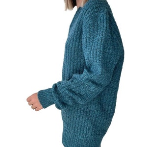 vintage années 1990 Teal Blue Wool Chunky Knit Henley Pull surdimensionné Sz L image 4