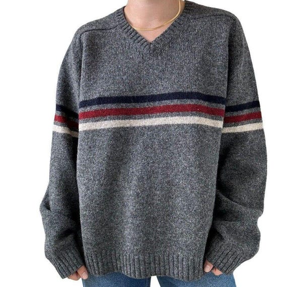Vintage Mens J Crew 100% Wool Gray Striped Preppy V Neck Sweater