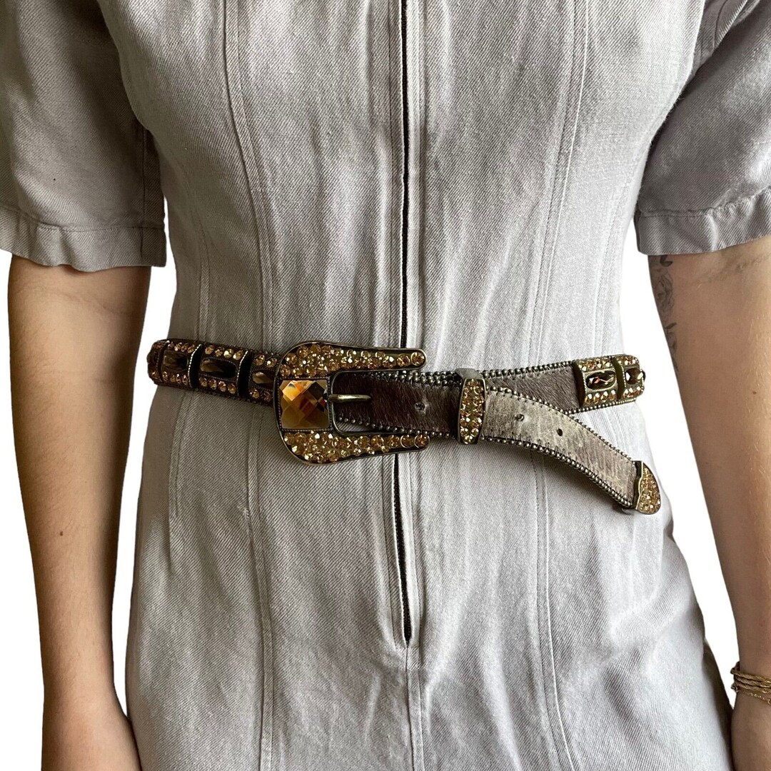Womens Western Brown Gemstone Cowhide Sparkly Rodeo Cowgirl Leather Belt Sz XL Womens Western Brown Gemstone Cowhide Sparkly Rodeo Cowgirl  main image 4