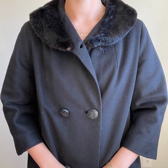Vintage 80s Womens Fur Collar Black Wool Retro Mi… - image 2