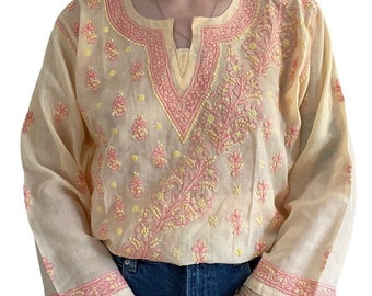 Vintage Womens Cotton Peach Pink Floral Embroidered Sheer Tunic Boho Blouse Sz L