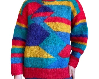 Vintage Womens Hand Knit Rainbow Mohair Fluffy Geometric Sweater Sz L