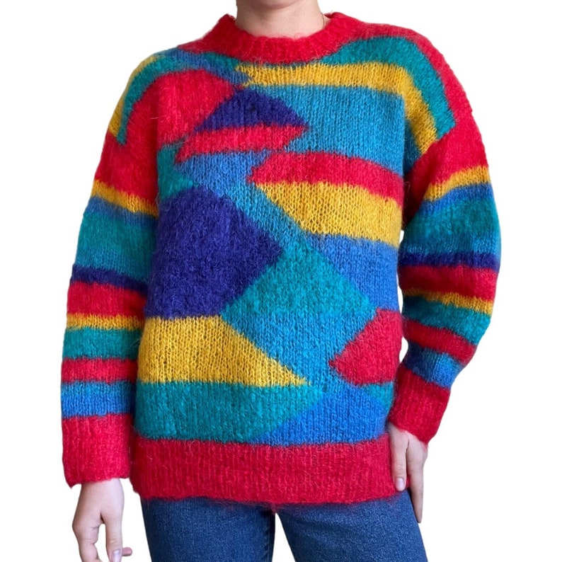 Vintage Womens Hand Knit Rainbow Mohair Fluffy Geometric Sweater Sz L image 1
