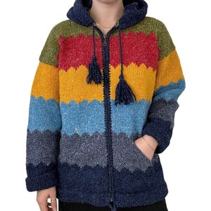 Vintage Hand Knit Womens 100% Wool Made in Ecuador Rainbow Striped Cardigan Sz L
