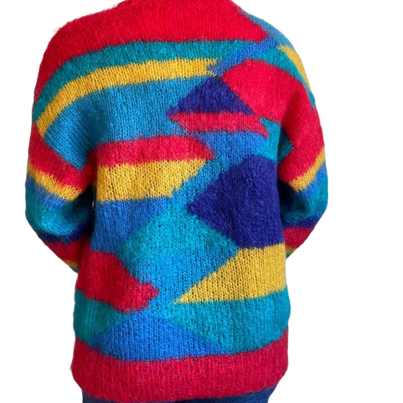 Vintage Womens Hand Knit Rainbow Mohair Fluffy Geometric Sweater Sz L image 6