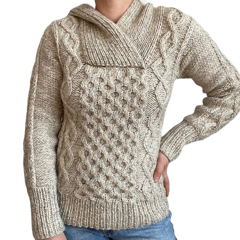 Vintage Womens Hand Knit Fisherman White Grey Chunky Wool Sweatshirt Sweater XS image 1