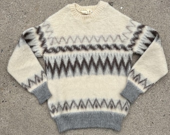 Vintage Icelandic by Geka Brown Cream 100% Wool Fluffy Geometric Sweater Sz S