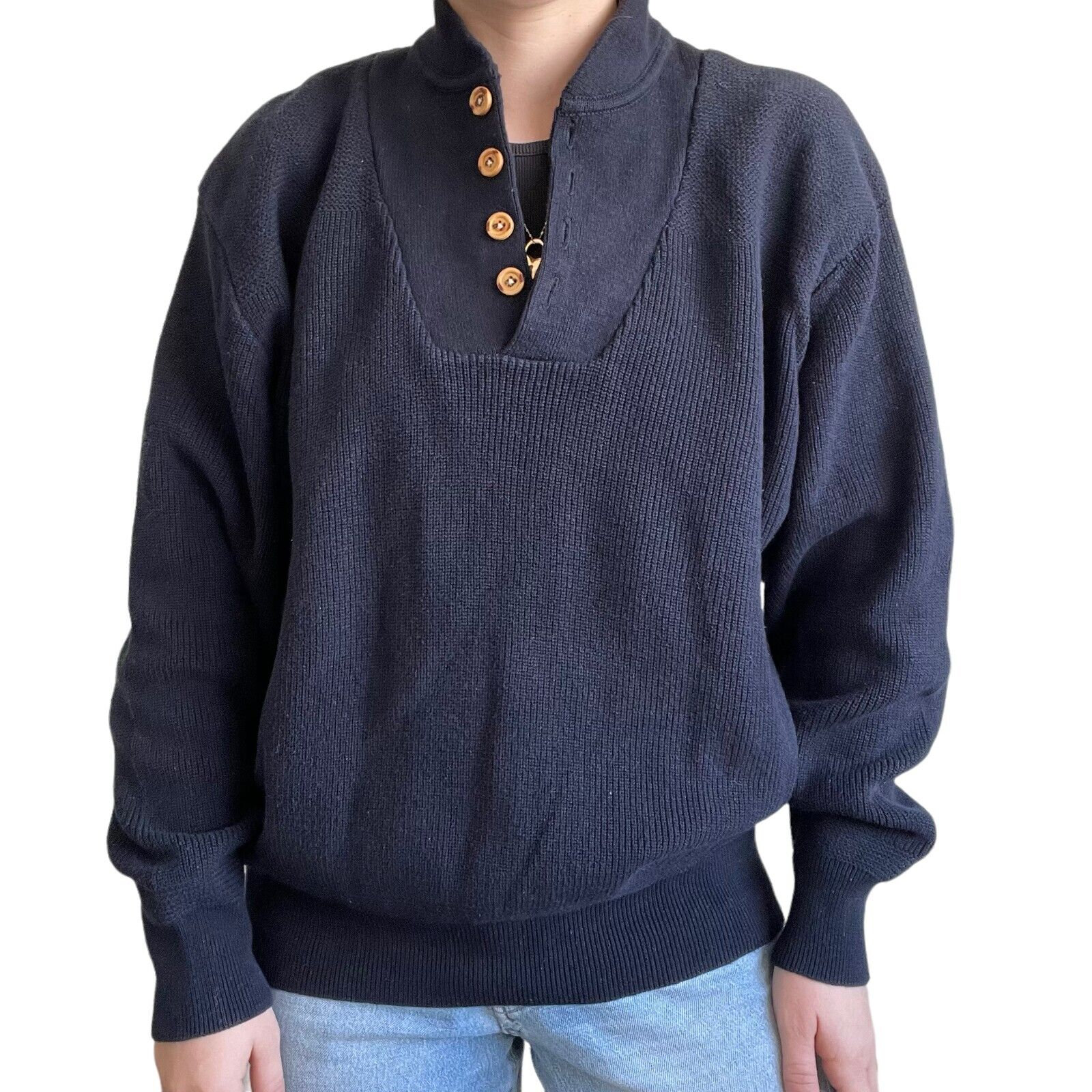 Vintage 90s Eddie Bauer Cotton Navy Blue Oversized Henley Sweater