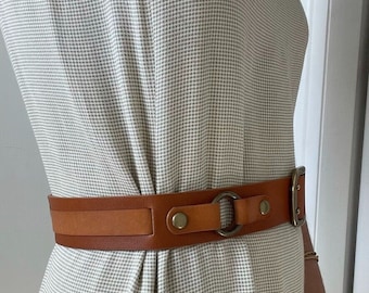 Womens Brown Leather Brass Buckle Minimalist Hippie Modern 