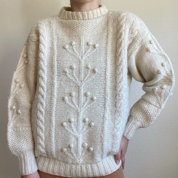 Vintage Hand Knit Handmade White Wool Fisherman Bobble Oversized Sweater Sz L