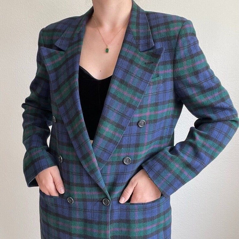 Vintage Womens 80s PBM Grunge Preppy Purple Green Camel Hair Double Breasted Blazer Plaid Sz M image 6