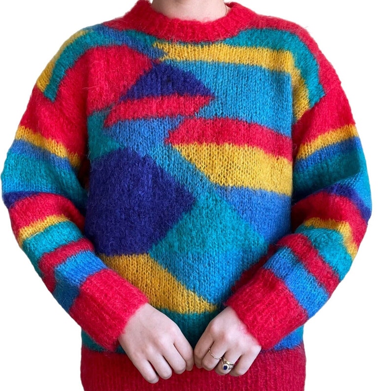 Vintage Womens Hand Knit Rainbow Mohair Fluffy Geometric Sweater Sz L image 8