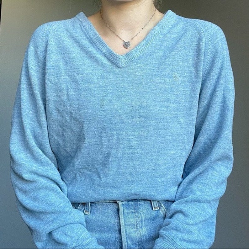 Vintage 90s Christian Dior Women's Blue V Neck Long Sleeve Oversized Sweater L image 1