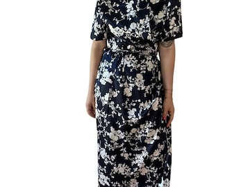 Vintage 1990s Womens Navy Blue Floral Cherry Blossom Japanese Maxi Dress Sz M