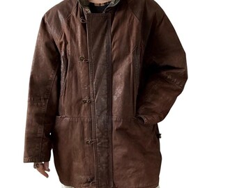 Vintage Mens Vera Pelle Distressed Brown Leather Bomber Chore Jacket Coat XL