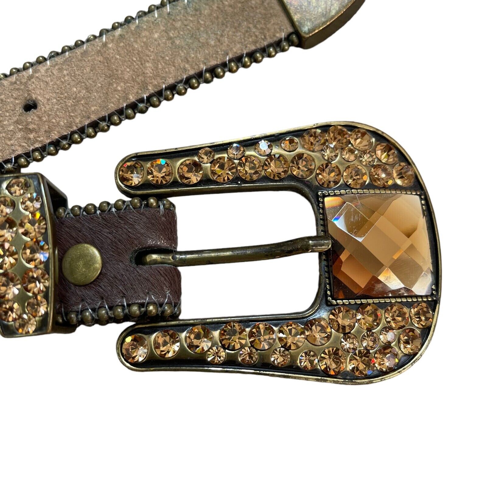 Womens Western Brown Gemstone Cowhide Sparkly Rodeo Cowgirl Leather Belt Sz XL Womens Western Brown Gemstone Cowhide Sparkly Rodeo Cowgirl  main image 3