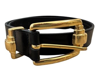 Vintage 1990s Express Black Leather Gold Buckle Waist Belt Sz S Made in Italy