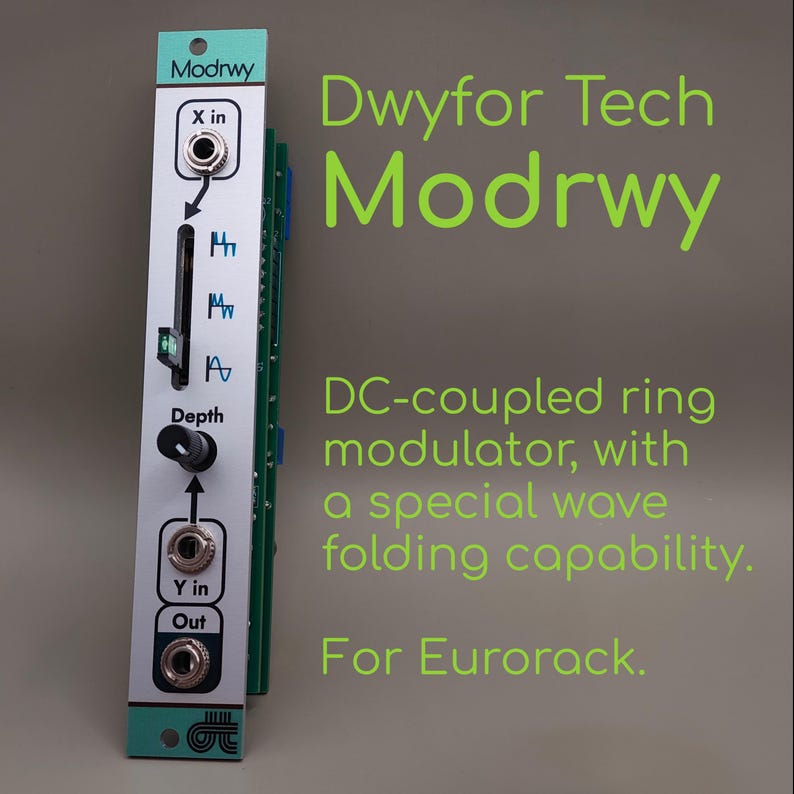 K&ouml;nnte beinhalten: Ein silbernes und t&uuml;rkisfarbenes elektronisches Modul mit dem Text "Modrwy" und "Dwyfor Tech". Es verf&uuml;gt &uuml;ber Eingangsanschl&uuml;sse, einen Tiefenregler und den Text "DC-gekoppelter Ringmodulator mit spezieller Wellenfaltf&auml;higkeit. F&uuml;r Eurorack."