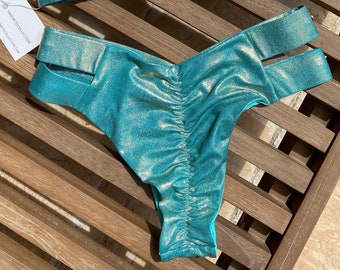 Teal Metallic Scrunch Bikini Bottom, Cheeky swimwear bottom