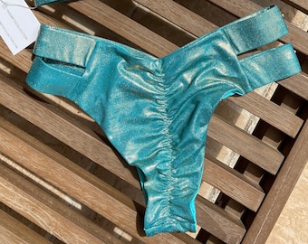 Teal Metallic Scrunch Bikini Bottom, Cheeky swimwear bottom