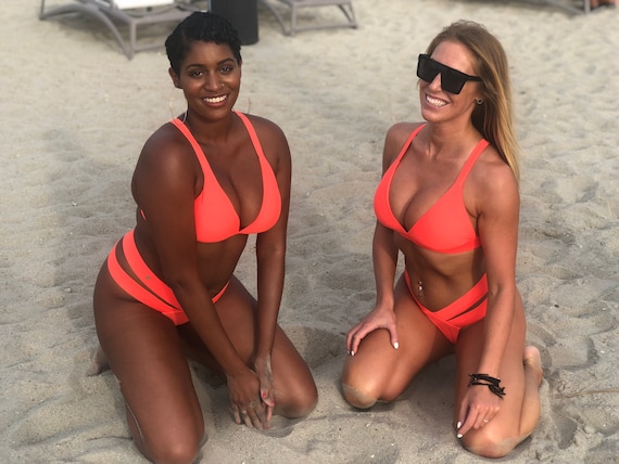 Strappy Bikini Bottom Supportive Cheeky Thong Neon Orange Red