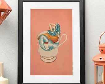 Teacup Mermaid Art Print - Whimsical Wall Decor - Retro Mermaid Art