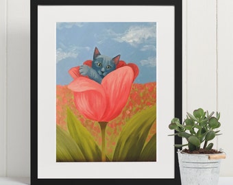 Cat in Flower Art Print - Whimsical Animal Art - Quirky Wall Decor