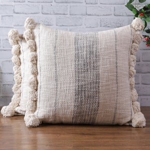 Striped Cushion Cover with Pom Pom Fringes Ivory and Grey Striped Thick Cotton Pillow Case Textured Rustic Boho Cottage Throw Pillow