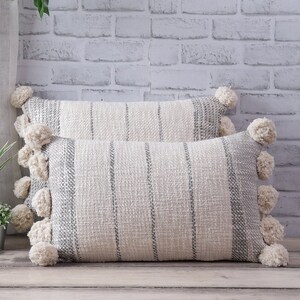 Ivory & Grey Classic Striped Cushion Cover Boho Cotton Cushion Cover Stylish Rectangular Pom-Pom Cushion Cover