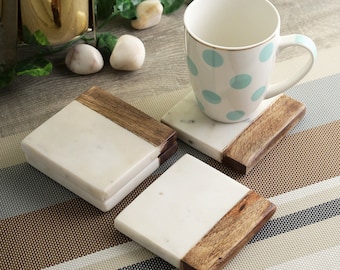 Set of4 Marble & Wood Coasters gift for easter Square Coaster Coaster for Gift Table Décor White Marble Coaster Coaster