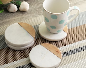 Set of 4 Marble&Wood Coasters Round Coaster Coaster for Gift Table Décor White Marble Coaster Hostess Gift Dining Coaster