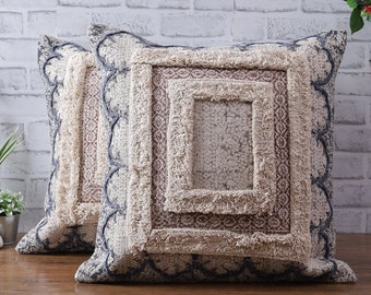 Hand Block Cushion Cover in Beige Blue with Embroidered Floral Motif and Fringe Artisan Rustic Cottage Throw Sofa Couch Pillow Case