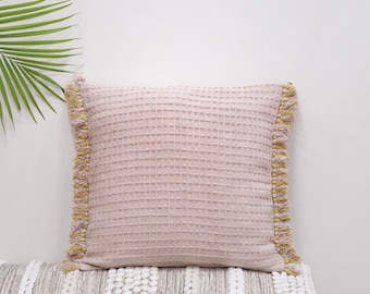 Pink Color 20 X 20 Waffle Pillow Cover with Fringes Living room Pillows Couch Pillows Cushion Pillows Decorative gift for her