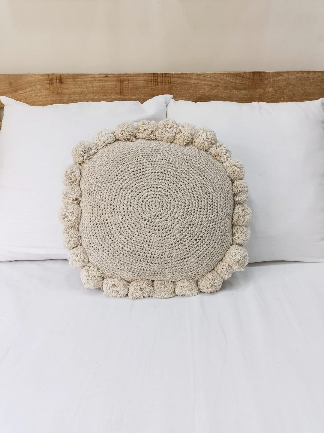 Crochet Round Cushion Cover Pom Pom Pillow Cover Gift for Sofa Etsy