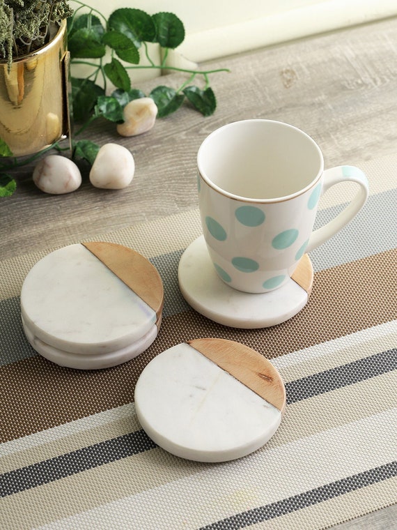 Set of 4 Marble&wood Coasters Round Coaster Coaster for Gift Table Décor  White Marble Coaster Hostess Gift Dining Coaster -  Singapore