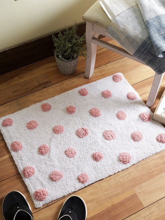 Pink and White Tufted Cotton Bath Mat Washable Bathroom Mat Soft