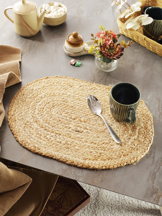 Set of 4 Natural Jute Placemats Handwoven Oval Shape Jute Placemats  Tableware Gift for Her Artisanal Gift for the Dining Enthusiast 