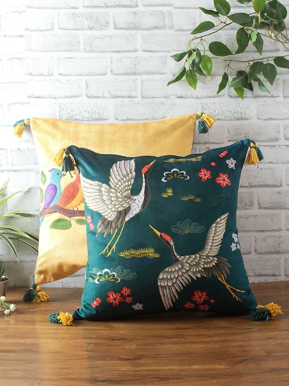 Bird Print Reversible Velvet Cushion Cover With Tassels Digital