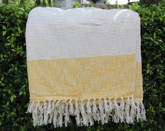 Yellow Border Twill Weave Handloom Cotton Throw Blanket, Picnic Throw Ethnic Décor, , Boho Chick Blanket Beach Blanket