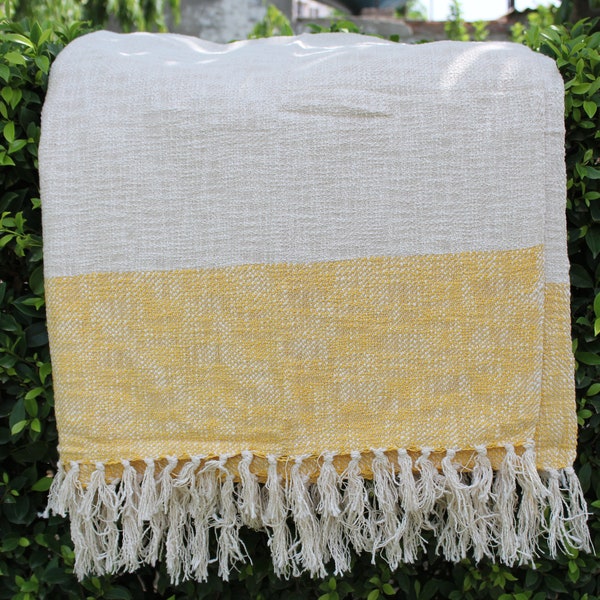 Yellow Border Twill Weave Handloom Cotton Throw Blanket, Picnic Throw Ethnic Décor, , Boho Chick Blanket Beach Blanket