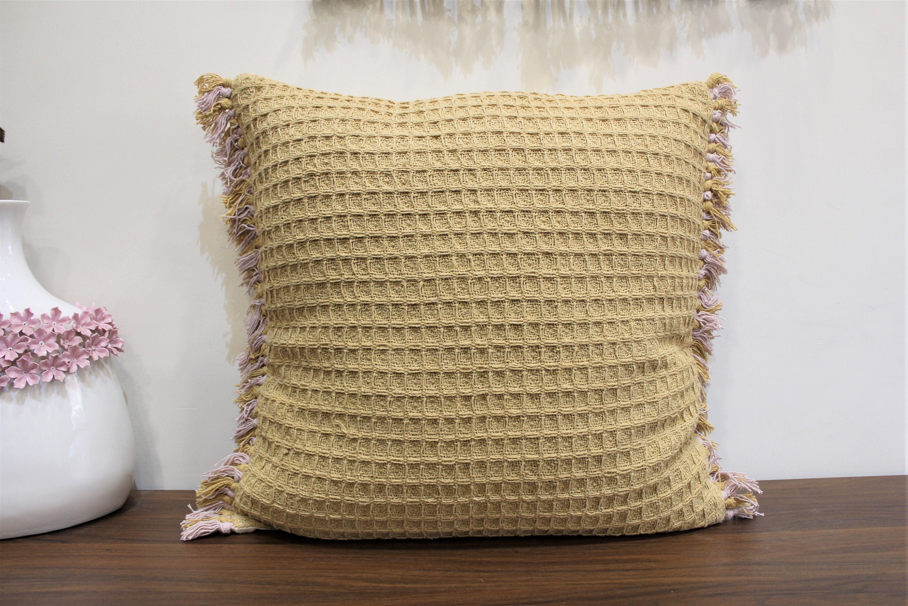 Mustard Color 20X20 Waffle Cushion Cover With Fringes Living Room Cushion  Modern Pillows Cushion for Easter Gift 