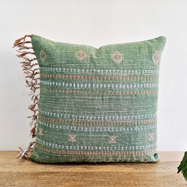 Green Embroidered Throw Cushion Cover | Linen Cushion Cover |  Add Boho Vibes to Your Space!