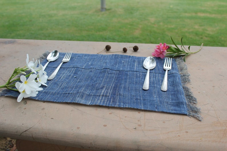 Blue Textured Linen Table Place Mat Set of 4 Printed Place Mat Rustic Place Mat Boho Decor Moroccan Decor image 5