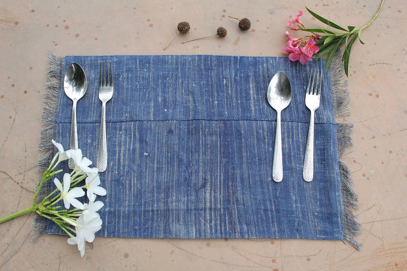 Blue Textured Linen Table Place Mat Set of 4 Printed Place Mat Rustic Place Mat Boho Decor Moroccan Decor image 1