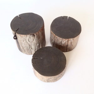 Peut inclure: Trois souches en bois de tailles diff&eacute;rentes, chacune avec un dessus brun fonc&eacute; et une base brun clair et patin&eacute;e. La plus grande souche a un anneau m&eacute;tallique fix&eacute; sur le c&ocirc;t&eacute;.