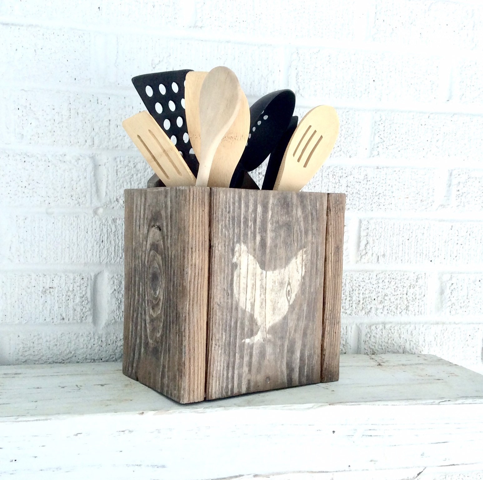Rustic Wood Kitchen Utensil Holder Farmhouse Utensil Holder Etsy